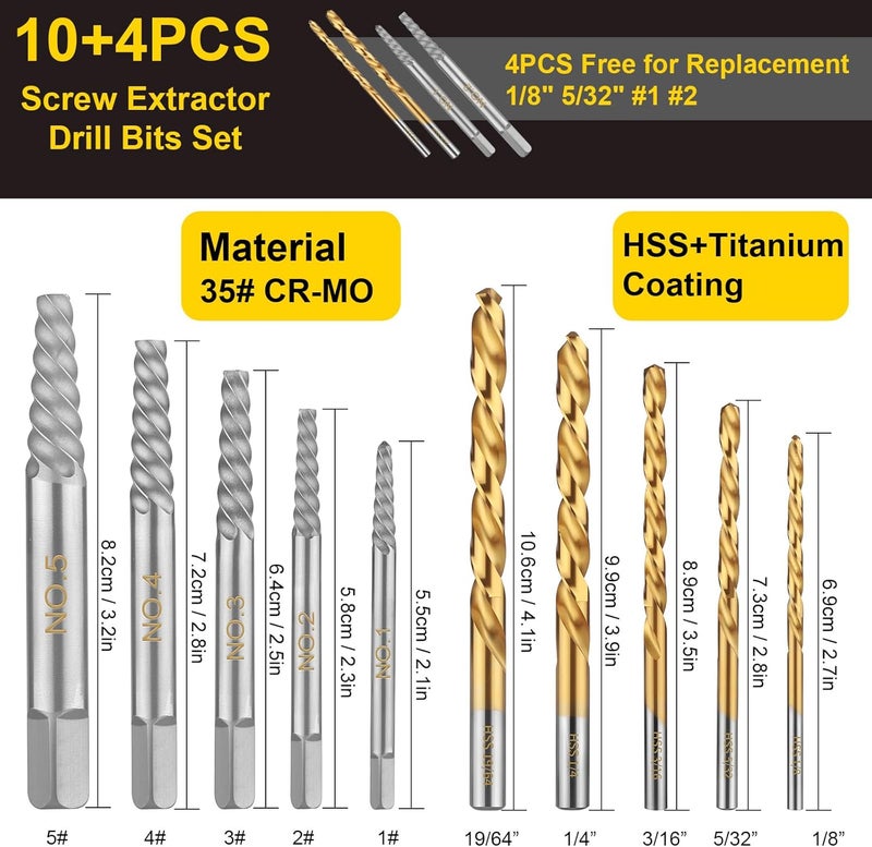 VALKYNOS 14 PCS Screw & Bolt Extractor Set – 35# Cr-Mo & HSS Steel Easy Out Kit with Left Hand Drill Bits for Removing Broken Bolts, Stripped Screws & Damaged Fasteners with Storage Case - Image 2